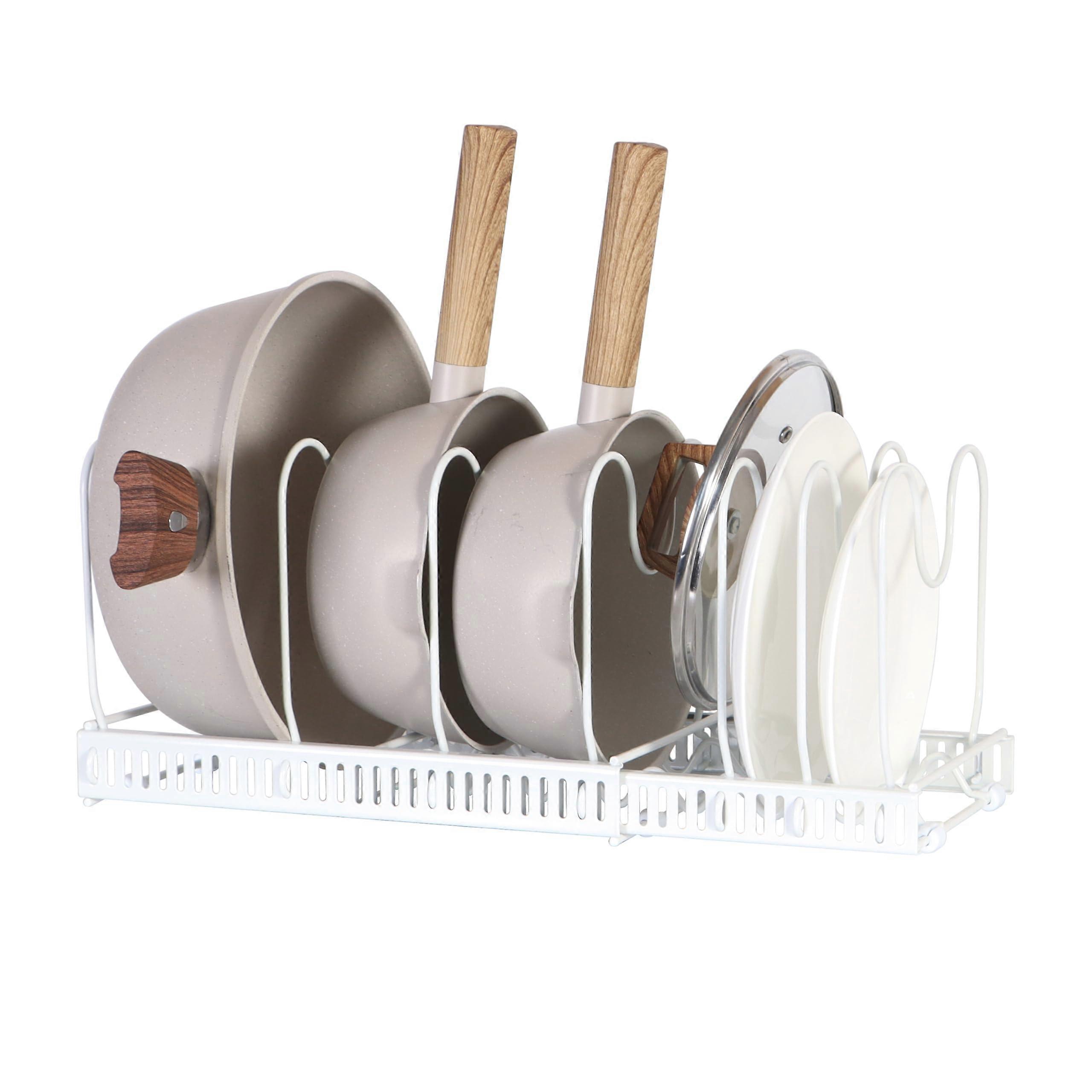 Expandable Pot and Pan Organizer Rack with Adjustable Compartments for Kitchen Cabinet Storage