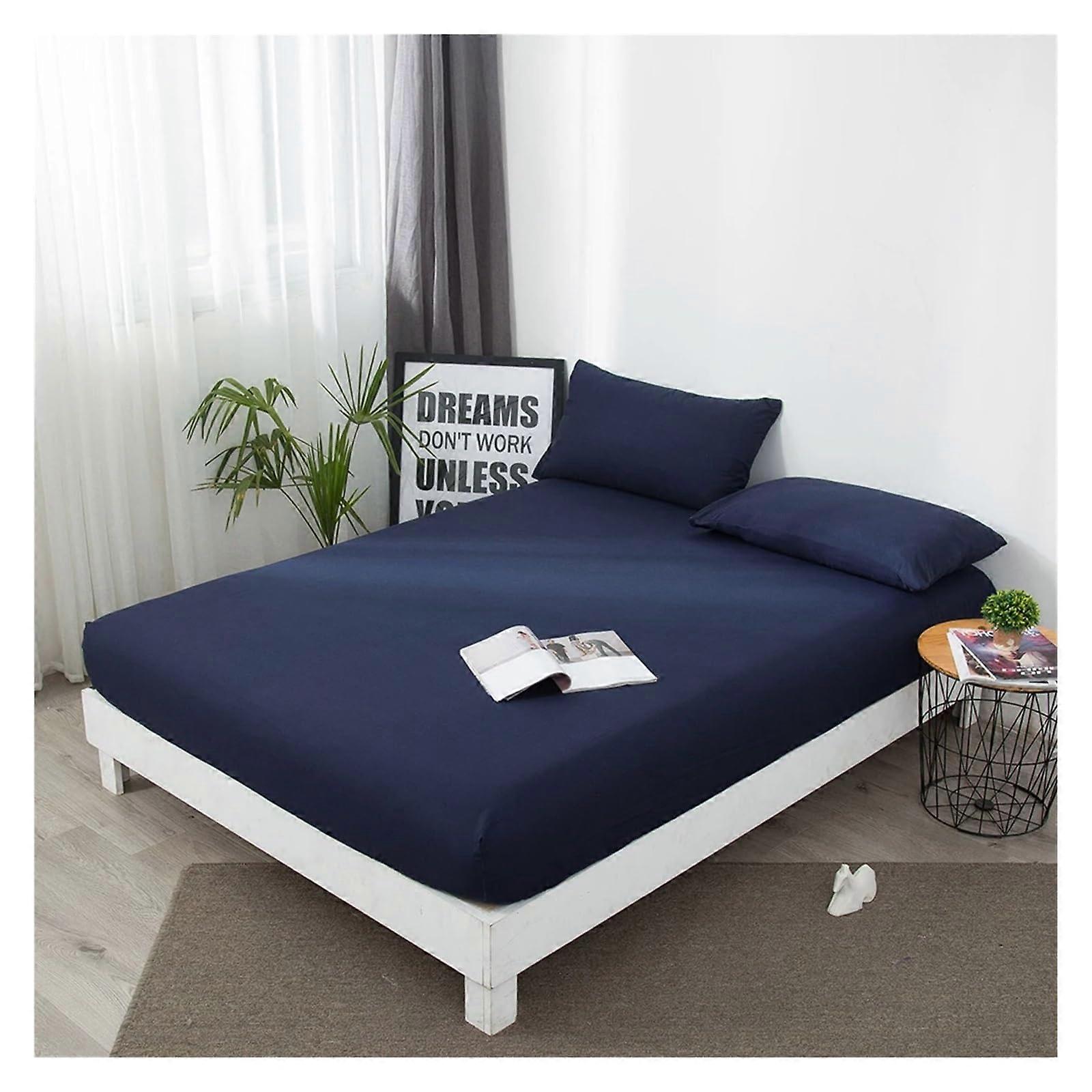 King Single Fitted Bed Sheet Deep Pocket Cooling Breathable Elastic Mattress Cover 90x200cm Dark Blue