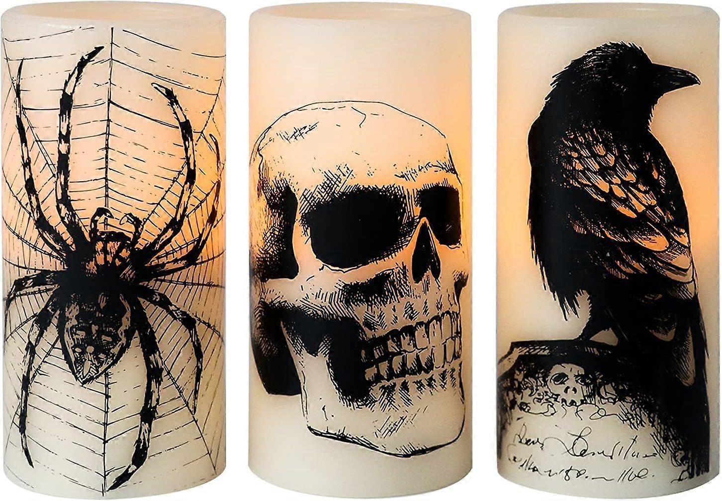 Halloween Flickering Candles with Skull, Spider Web, Crow Raven Decals Set of 3, Battery Operated Halloween Themed LED Candles Horror Spooky Decoratio