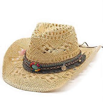 Women's Boho Cowboy Straw Hat - Vintage Wide Brim Sun Hat with Adjustable Band for Beach, Rodeo & Outdoor Activities