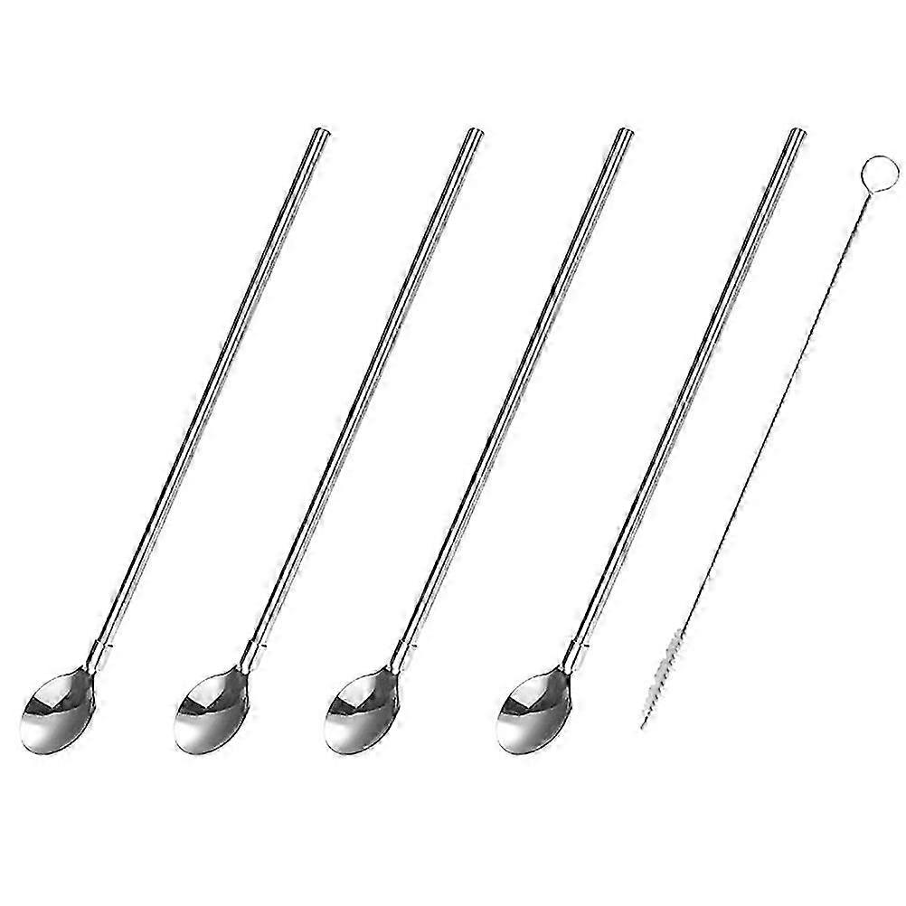 Stir Spoon Stainless Steel Straws Set compatible withEating Use 5Pcs with Brush