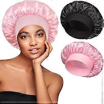 2 Satin-Hauben, breite, weiche Schlafhauben mit breitem Band für lockiges Haar und Zöpfe, Seidenhaube zum Schlafen