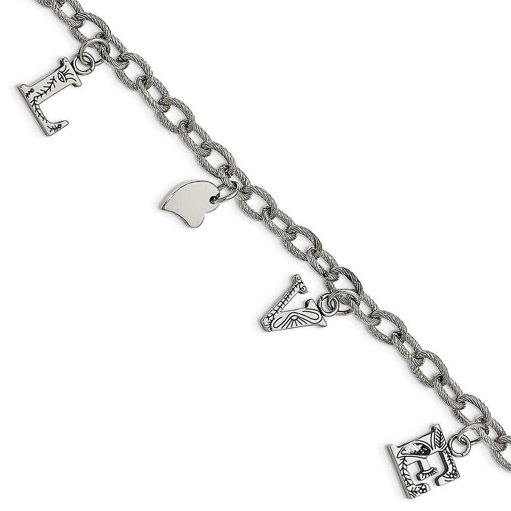 Stainless Steel Dangle Fancy Lobster Closure Polished and Textured Love Charm Bracelet 8.25 Inch-Charm-Bracelet for Wome