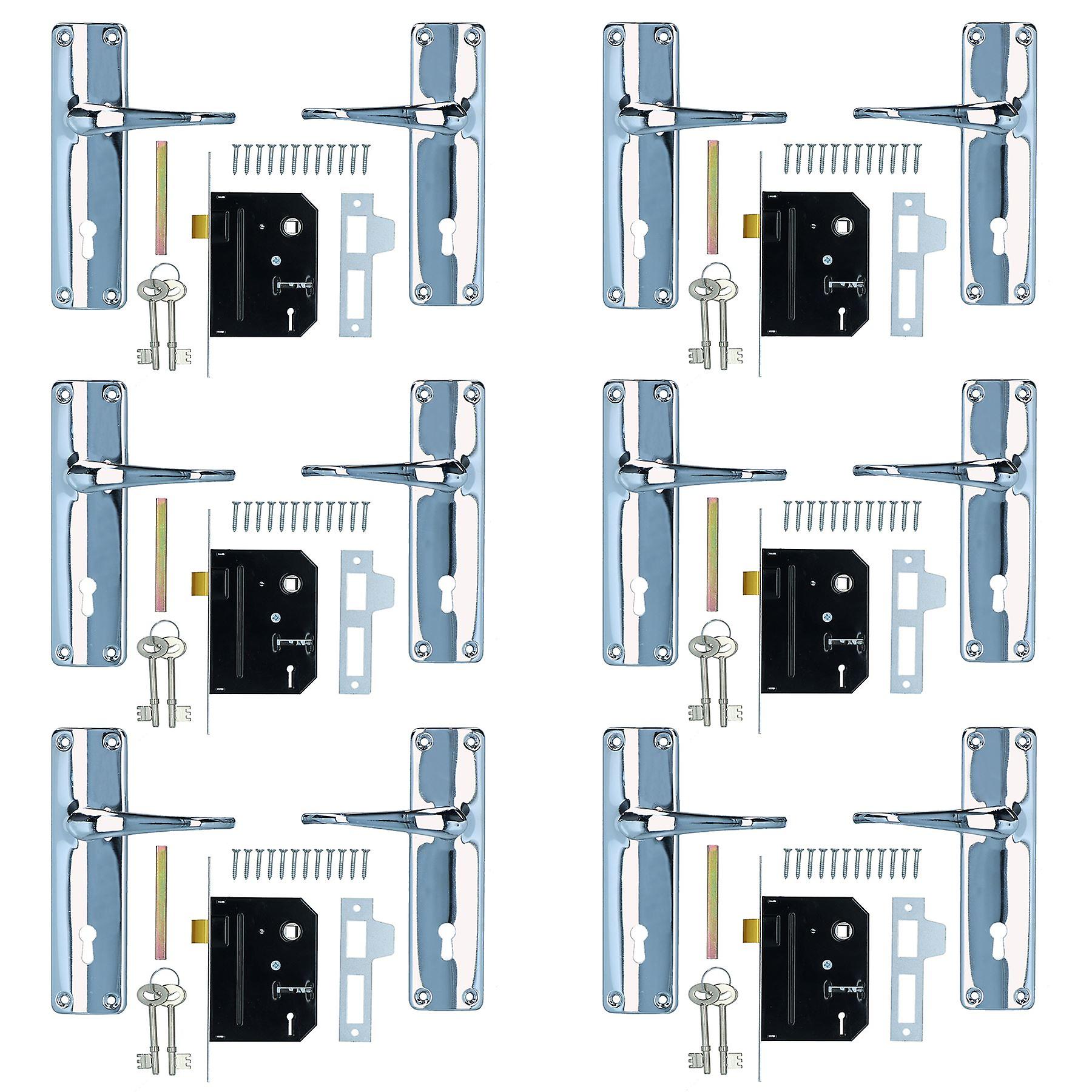 Lever Lock Set Lockable Door Handle Handles with 2 Keys + Chrome Finish 6pk