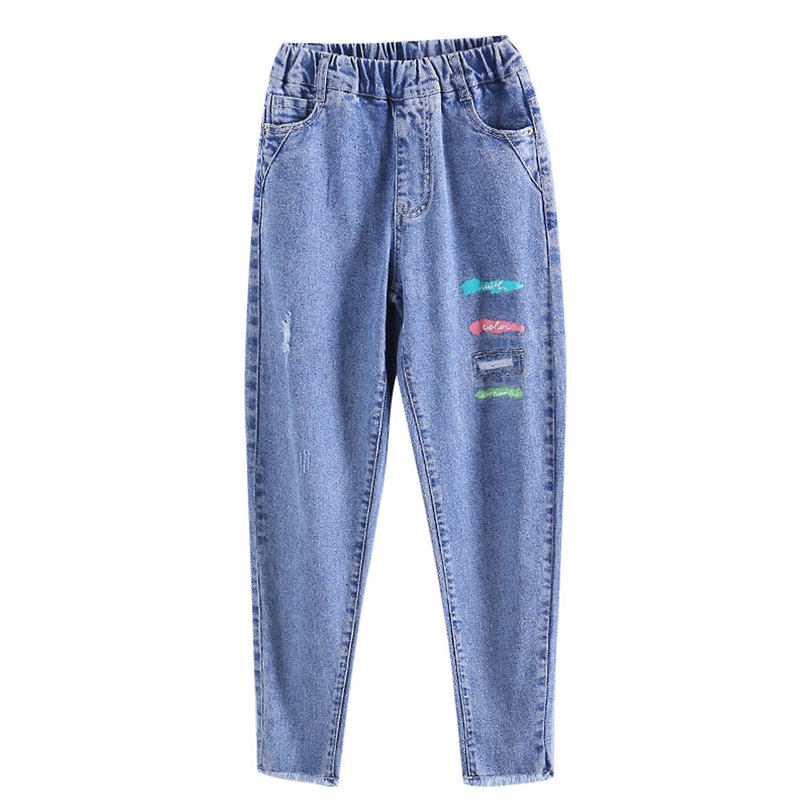 Stylish Girls Causal Denim Pants with Color Strips Comfy Breathable Soft Trousers for Vacation/Home