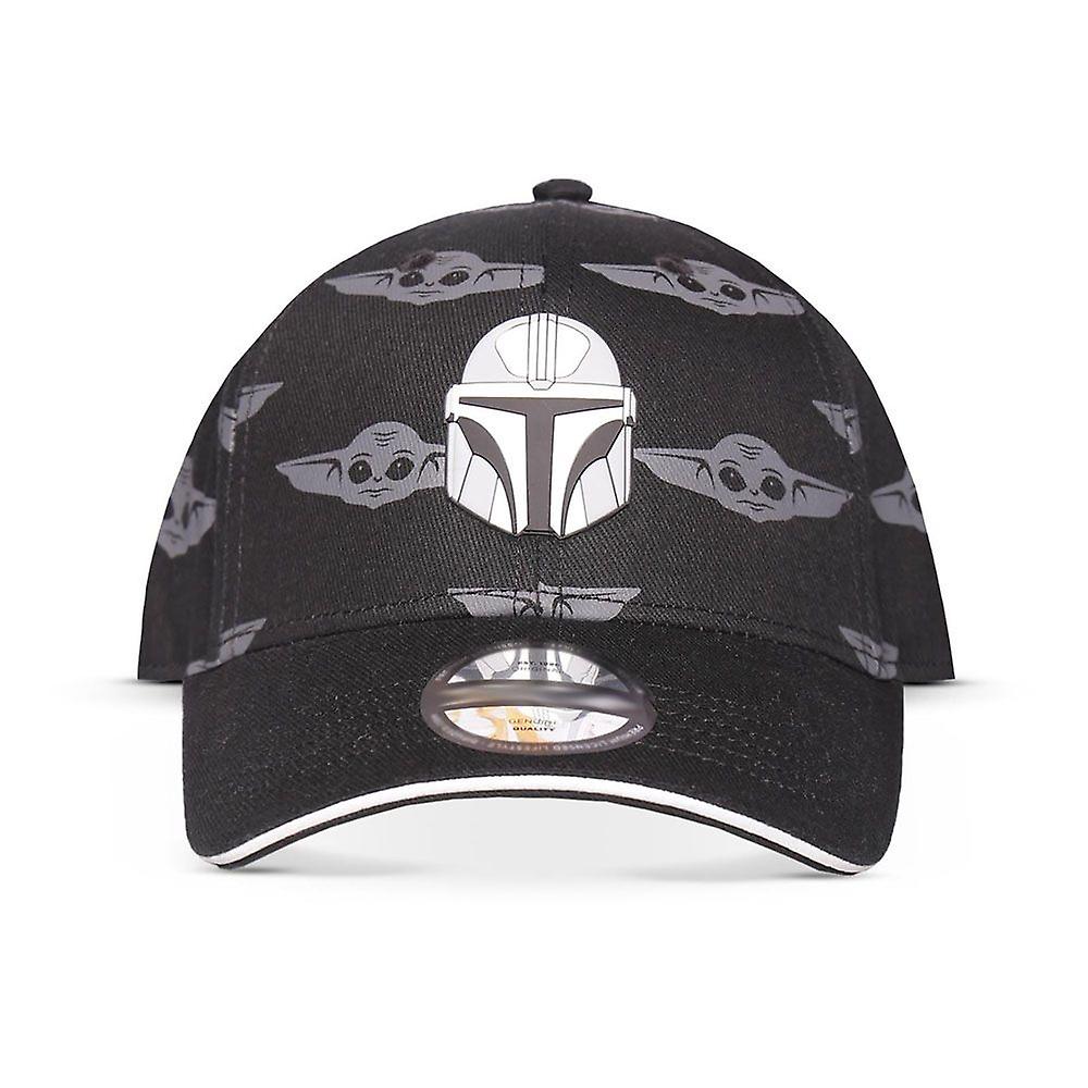 Star wars the mandalorian helmet patch with grogu all-over print adjustable baseball cap, black/grey
