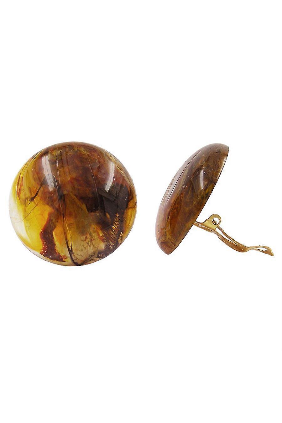 Clip-on Earring Round Brown Marbled Glossy 30mm - Gl03957