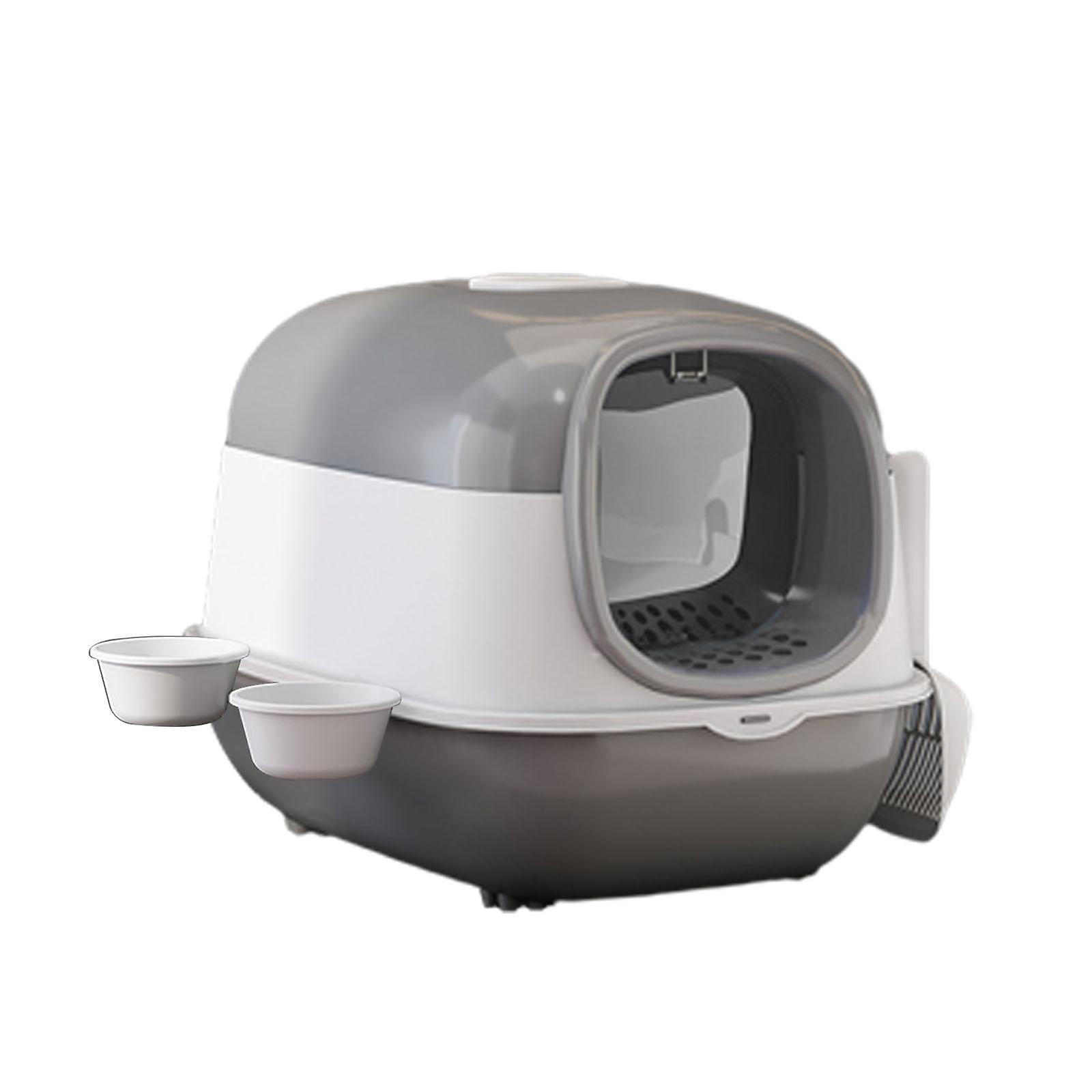 Hooded Cat Litter Box with Cat Bowls Portable Anti Splashing Pet Litter Tray Gray
