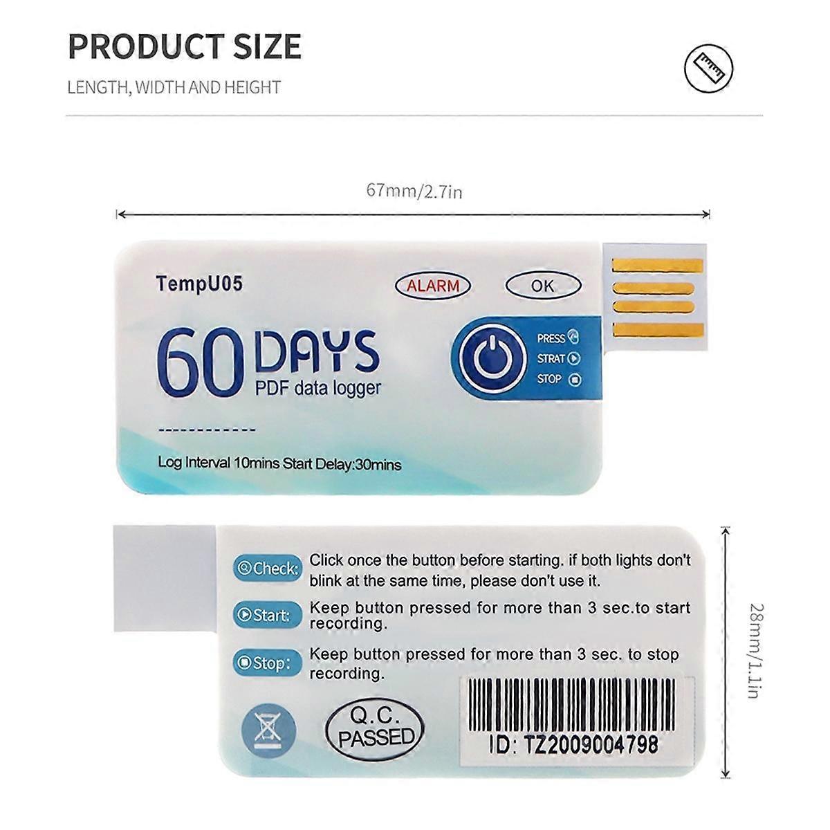 TempU05 1pcs Temperature Data Logger 60 Day Single Use Temperature Analyzer PDF Report USB Temperature Logger