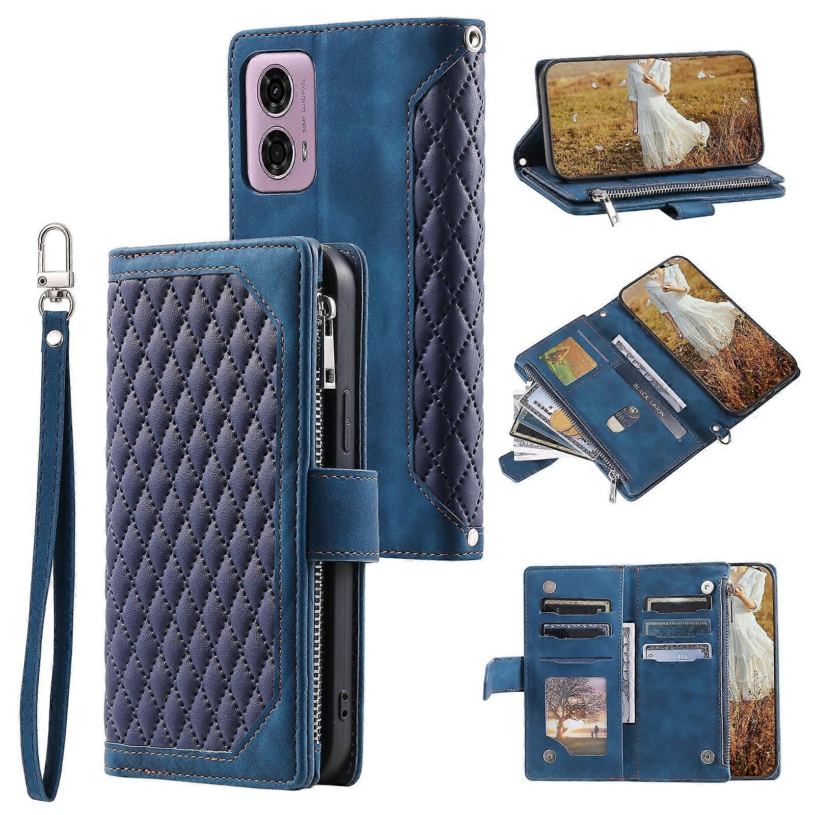 Grid Texture Zipper Leather Case For Motorola Moto E14