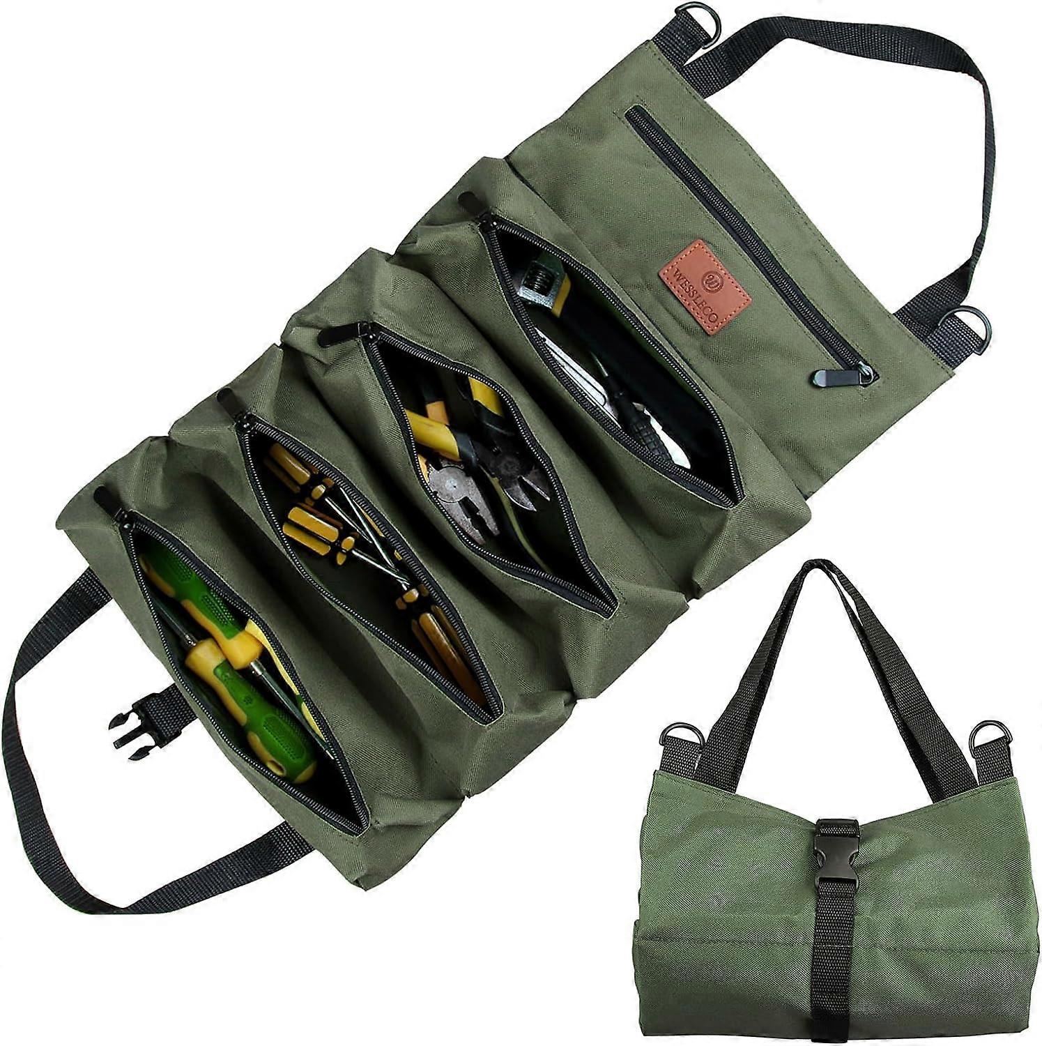 Rolling Tool Bag, Canvas Tool Bag for Adjustable Wrenches, Multipurpose Rolling Bag with 5 Zippered Pockets, Ideal for Plumbers and Electricians (Gree