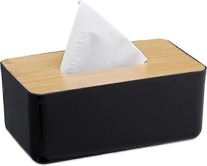 Tissue Box, Refillable, Bathroom, Tissue Dispenser, Bamboo Lid, Plastic, 21*13*9.5cm Black/Plain