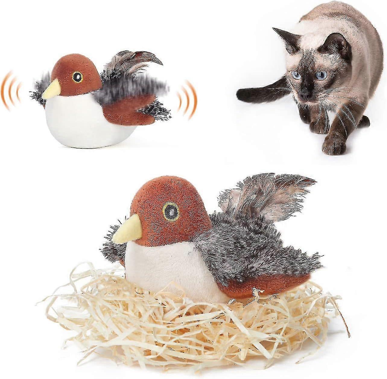 Rechargeable Flapping Bird Sparrow Cat Toy - Lifelike Chirp Tweet, Touch Activated