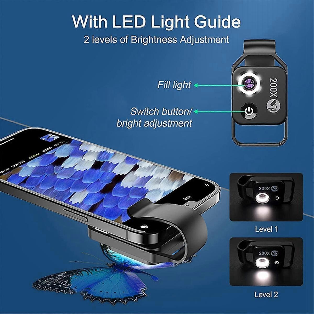 200X Magnification Microscope Lens Mobile LED Light Micro-Type Pocket Macro Lens for Ios Android All Smartphones,White