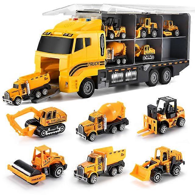 Big Container Transporter Playset with Play Mat & 6PCS Mini Engineering Vehicle Car Model Toys For Kids Boys Gifts