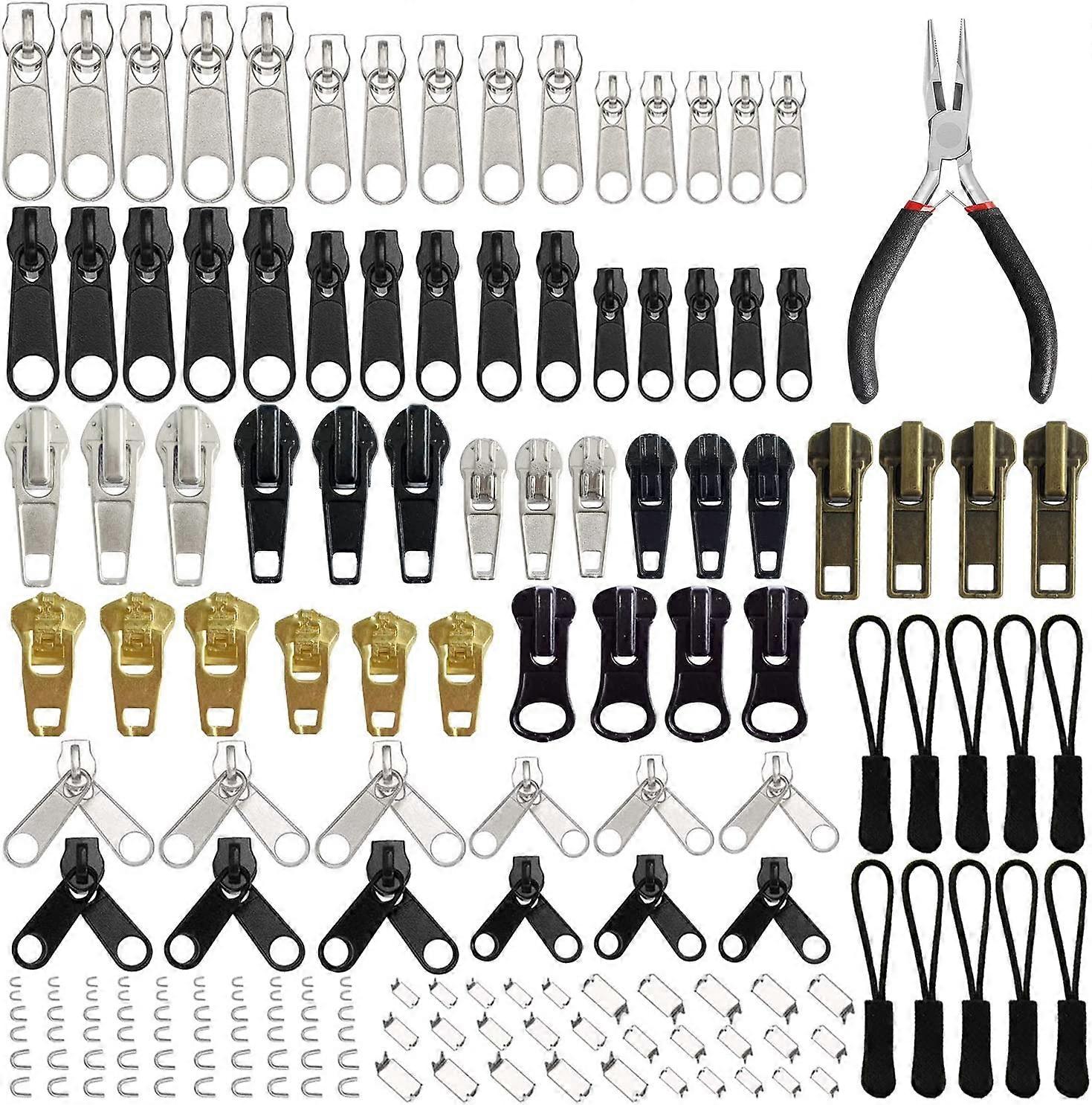 Replacement Zipper Repair Kit with Zipper Pliers and Extension Pullers for Clothes, Jackets, Backpacks (Silver and Black)