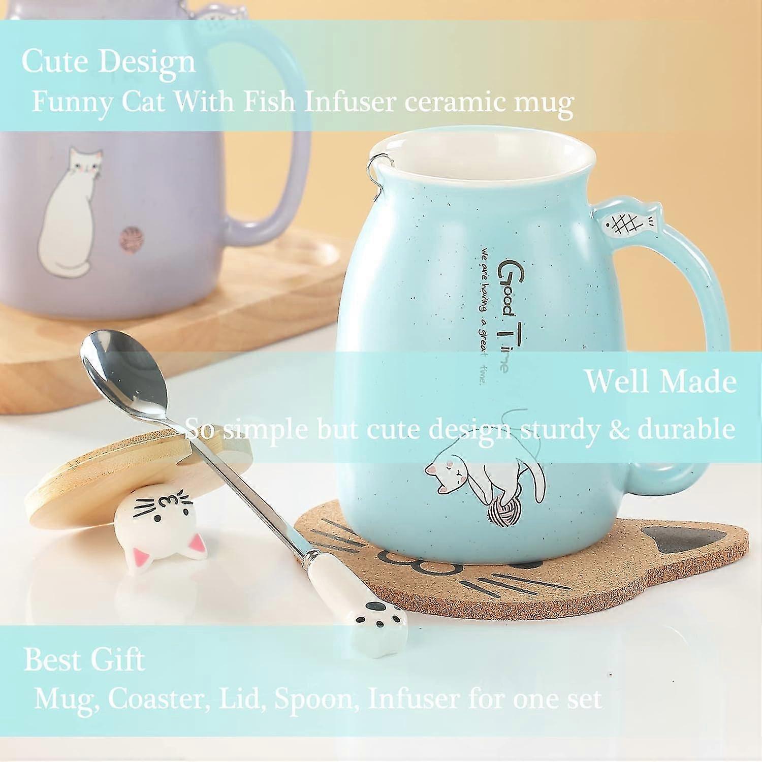 Feify 16oz Cute Cat Ceramic Mug Set - With Wooden Lid, Spoon & Coaster, Kawaii Japanese Style, Green (Gift Boxed)