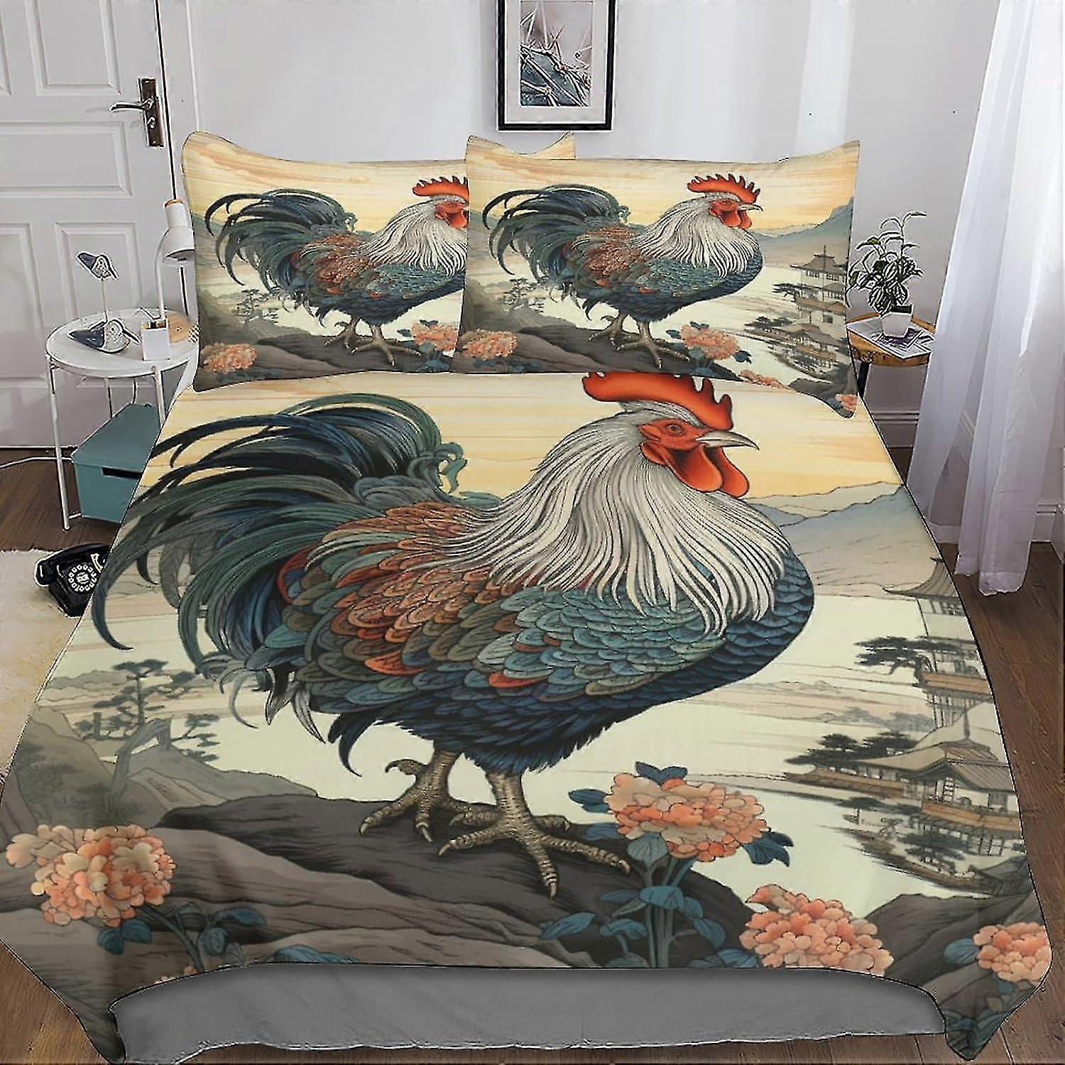 o4487 Draps de lit Coq Coq Housse de couette Ensemble Literie imprimée Housse de couette imprimée Animal Print pour literie Decro, Microfibre ultra douce Cachée Fermeture éclair Lit Cov