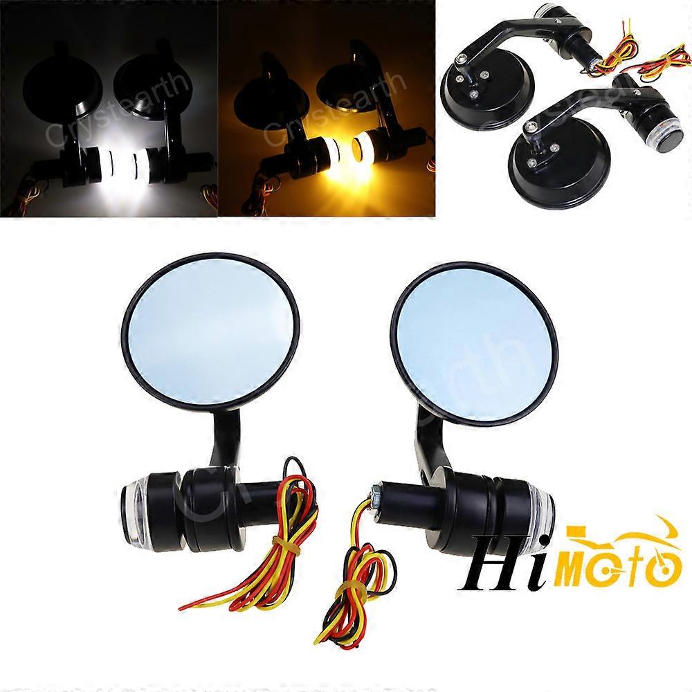 QX Universal Round 3" Motorcycle 22mm 7/8" Handlebar Bar End Rear View Side Mirrors w/LED Turn Signals For Yamaha Harley Cafe Racer