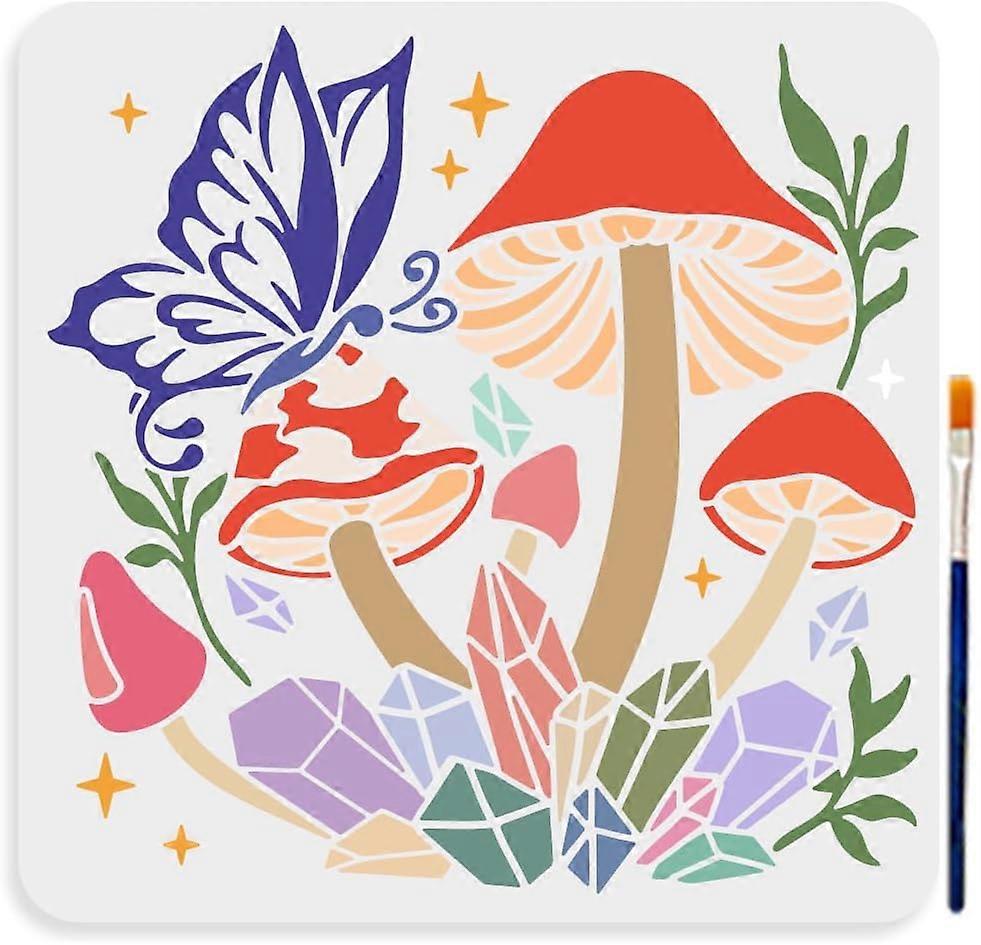 Mushroom Butterfly Stencil 11.811.8inch Large Reusable Magic Elements Painting Template Crystal Leaf Plant Art Stencil with Paint Brush for Painting o