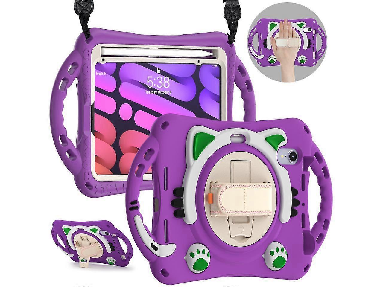 Kids Case for Apple iPad Mini 6 8.3 Inch 2021, Silicone Shockproof Protective Cover with Pencil Holder Handle Grip Hand Strap Kickstand Shoulder Strap