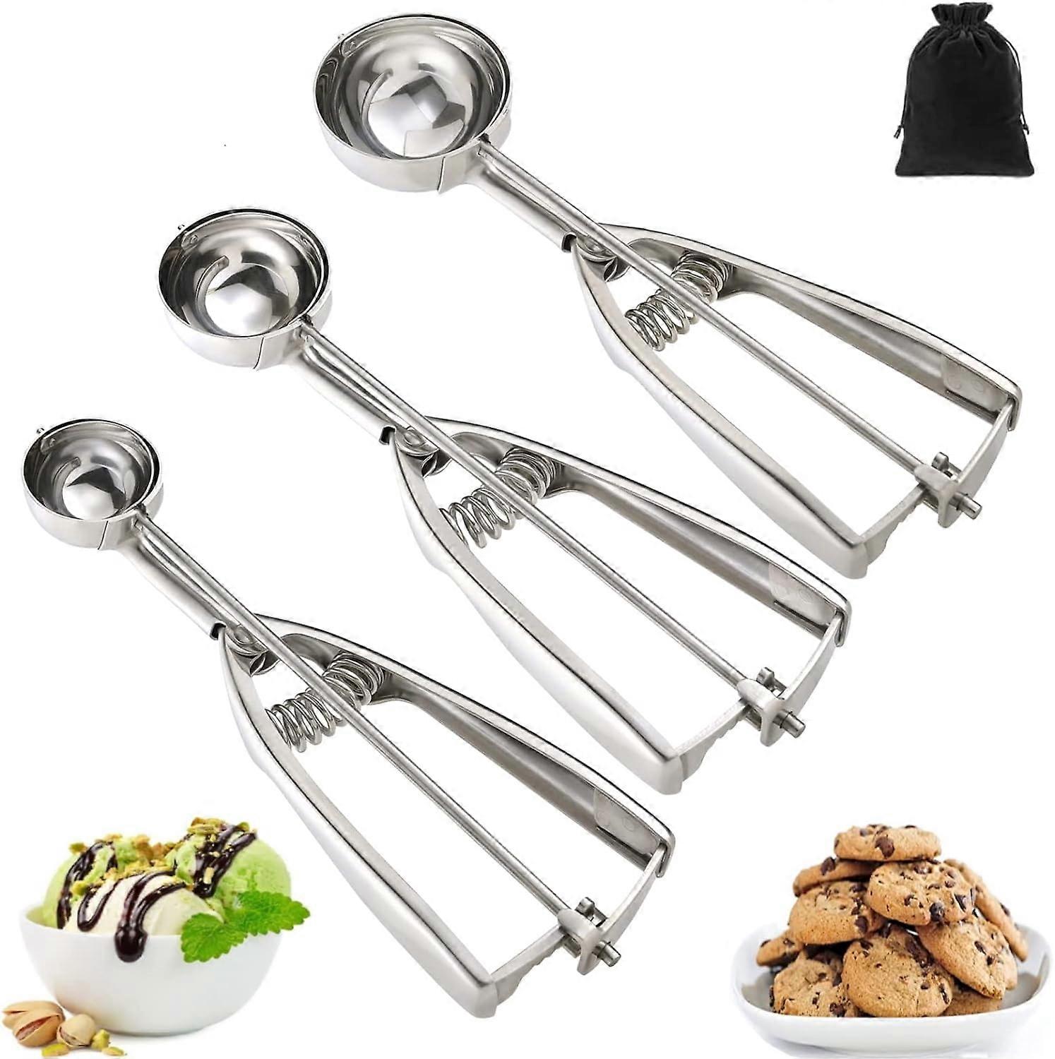 Ice Cream Scoop, 3-Piece Cookie Scoop Set, 18/8 Stainless Steel Cookie Dough Scoop, Baking Cookie Scoop 3-Piece Set, Ice Cream Scoop with Trigger Rele