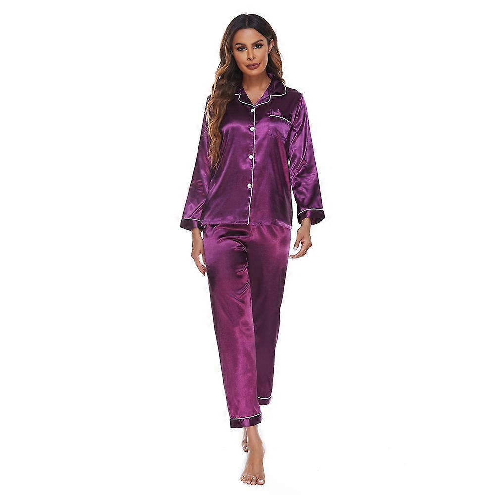 Womens Satin Pajamas Set Long Sleeve Button Down Sleepwear
