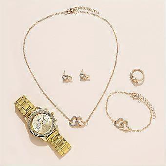 JUEGE* 6pcs/set 1pc Women's Rhinestone Inlaid Elegant Round Quartz Wrist Watch + 5pcs Heart Shape Rhinestone Jewelry