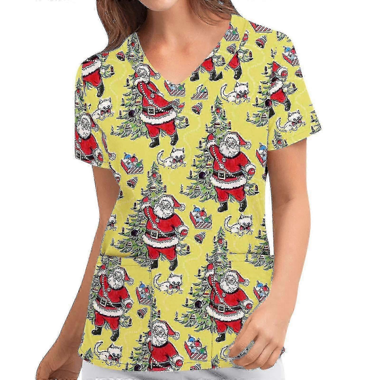 قميص عيد الميلاد برقبة على شكل V ، أكمام قصيرة ، زي تمريض نسائي - JA