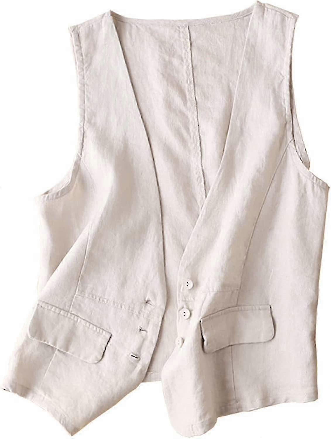 Kvinder Bomuld Linned Vest Casual Løs V hals Ærmeløse Veste Jakke