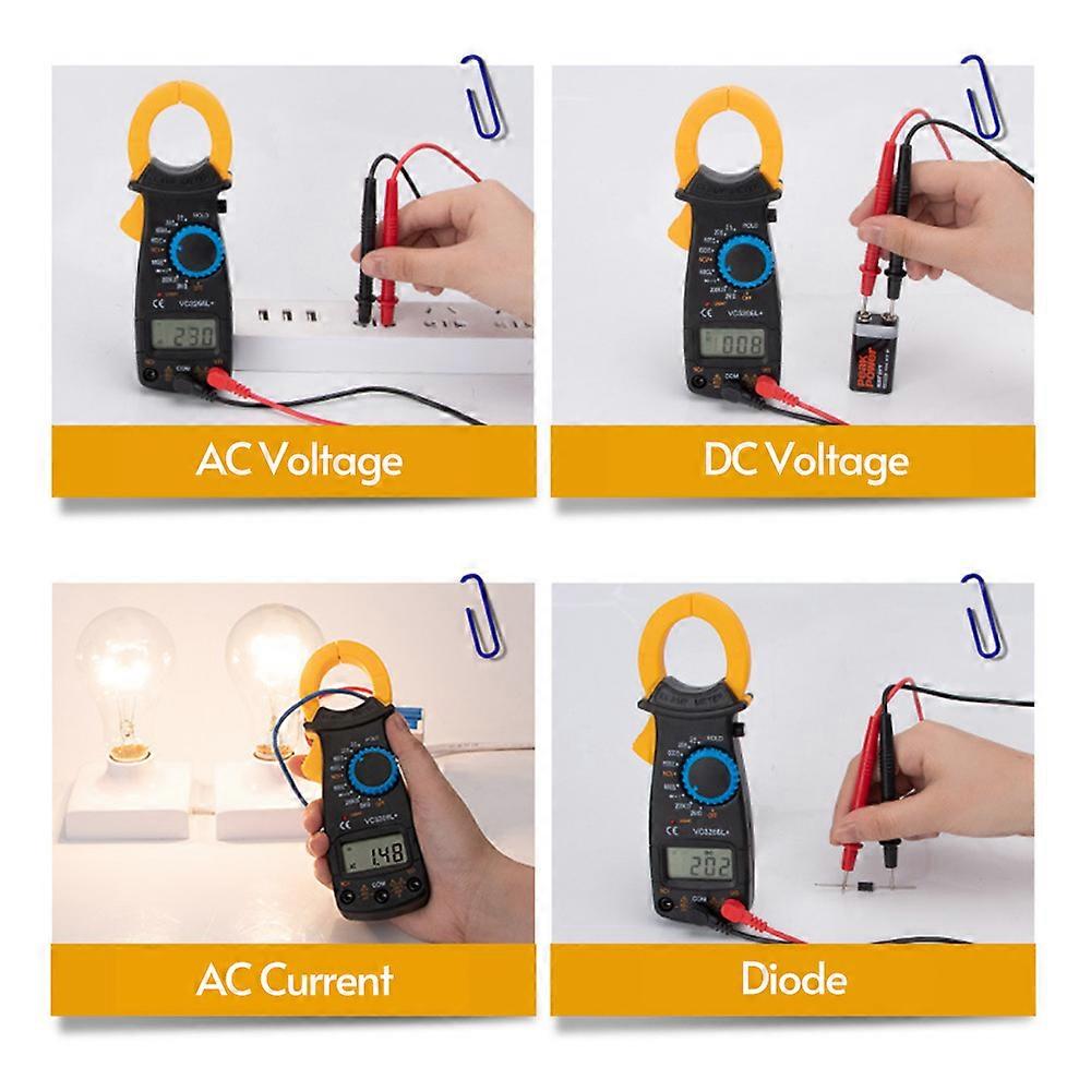 Digital Clamp Meter Multimeter Measures Resistance Alternating and Direct Current Voltage Earth Live Line Diodes Yellow