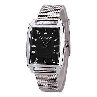 Mode Alliage Maille Bracelet Quartz Montre Chiffre Romain Cadran Carré Hommes Femmes Montre (Argent Noir)
