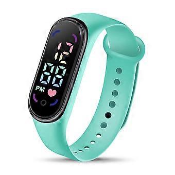 Student Electronic Watch Fashion Waterproof Sports Bracelet With Led Display Rounded Dial Adjustable Silicone Strap Digital Watch  Mint Green