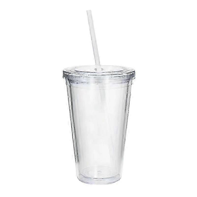 Reusable plastic cup, double-layer transparent drinking cup with straw, suitable for juice