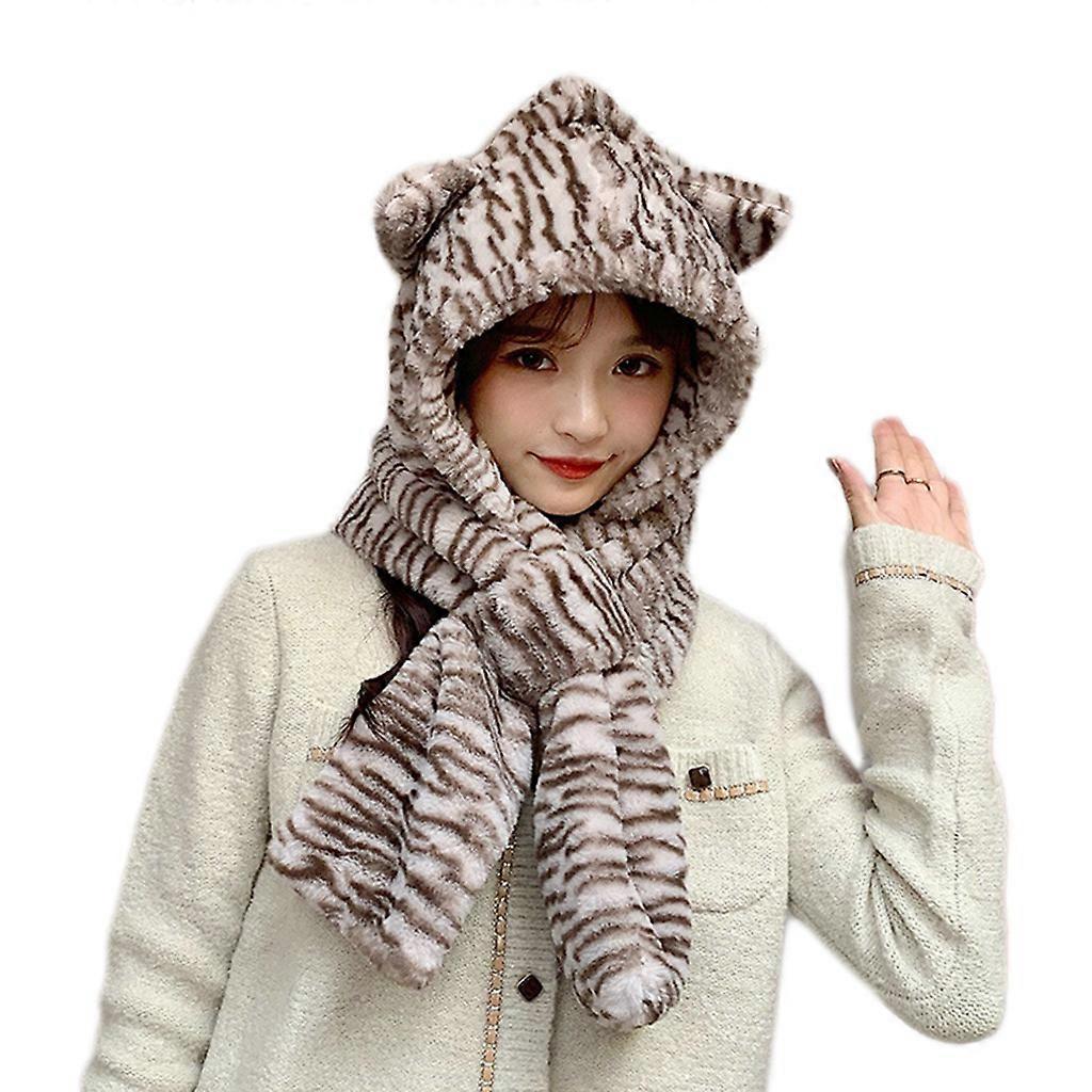 Kawaii Bear Ear Hat 2 in 1 Multi-functional Soft Leopard Stripes Scarf Hat Combo Set Winter Windproof for Women Men  Grey Coffee