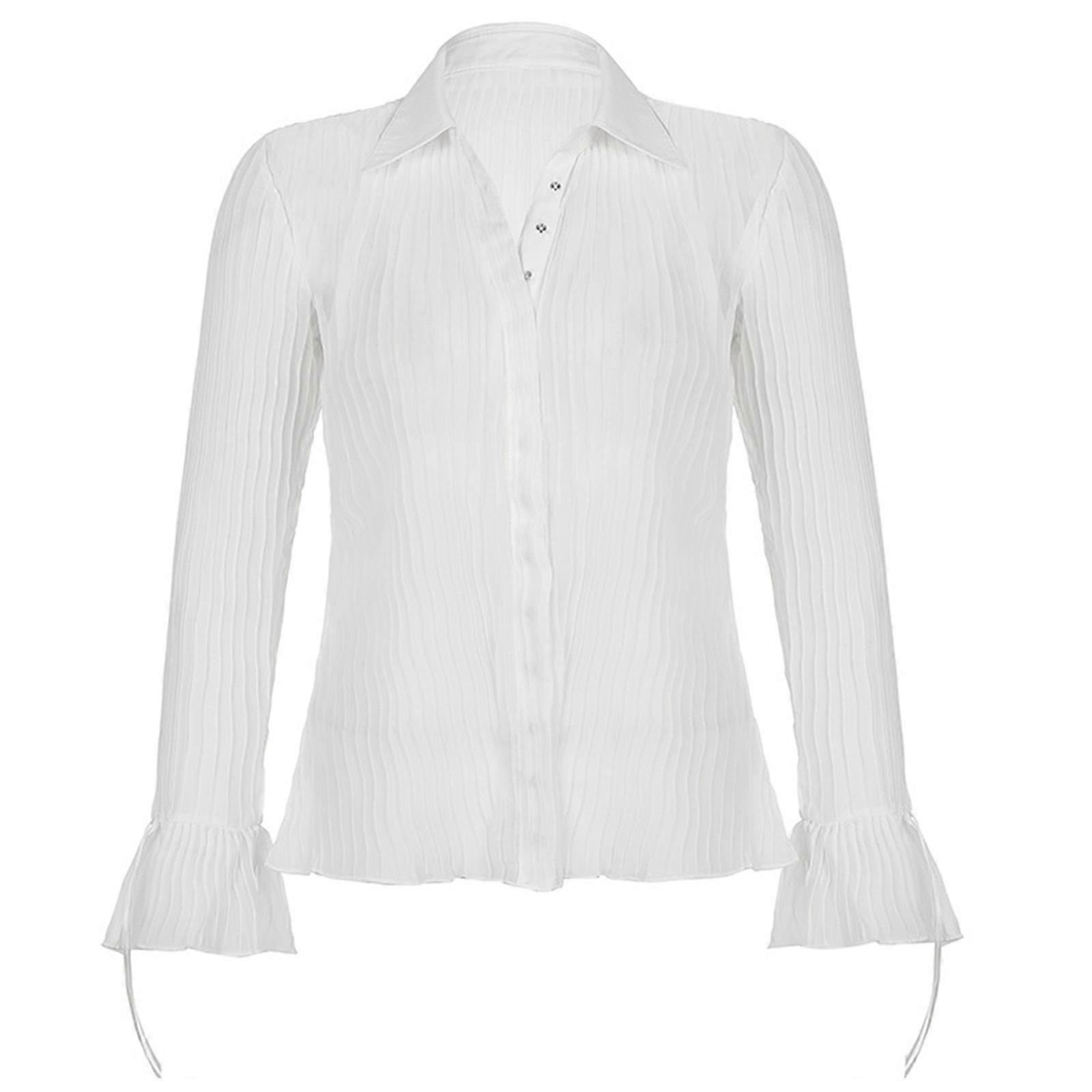 Womens Button Front Flared Long Sleeve Mesh Shirts See Through Lapel Collar Slim Fit Pleated Pattern Blouse Top Cardigan  White S