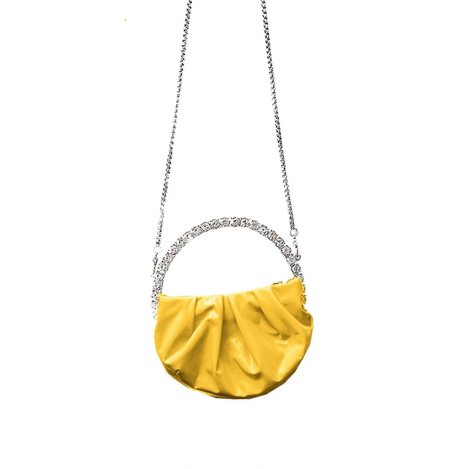 ラインストーンハンドルイブニングバッグハーフムーンラウンドディナー財布チェーンクロスボディショルダーバッグウェディングパーティーイエローのファッション
