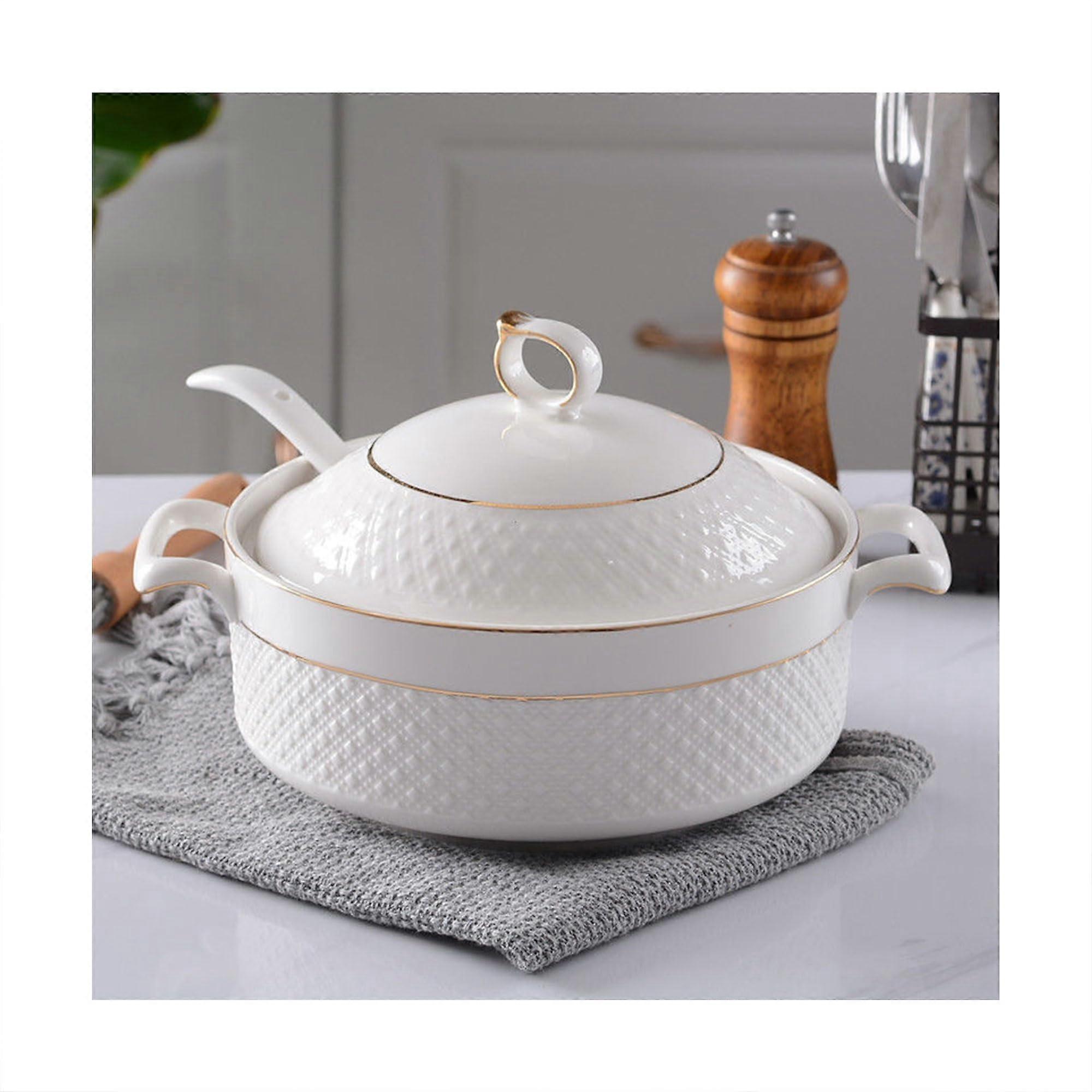White with Gold Edge Double Handle Soup Tureen for Kitchen Microwave and Dishwasher Safe 1.5L