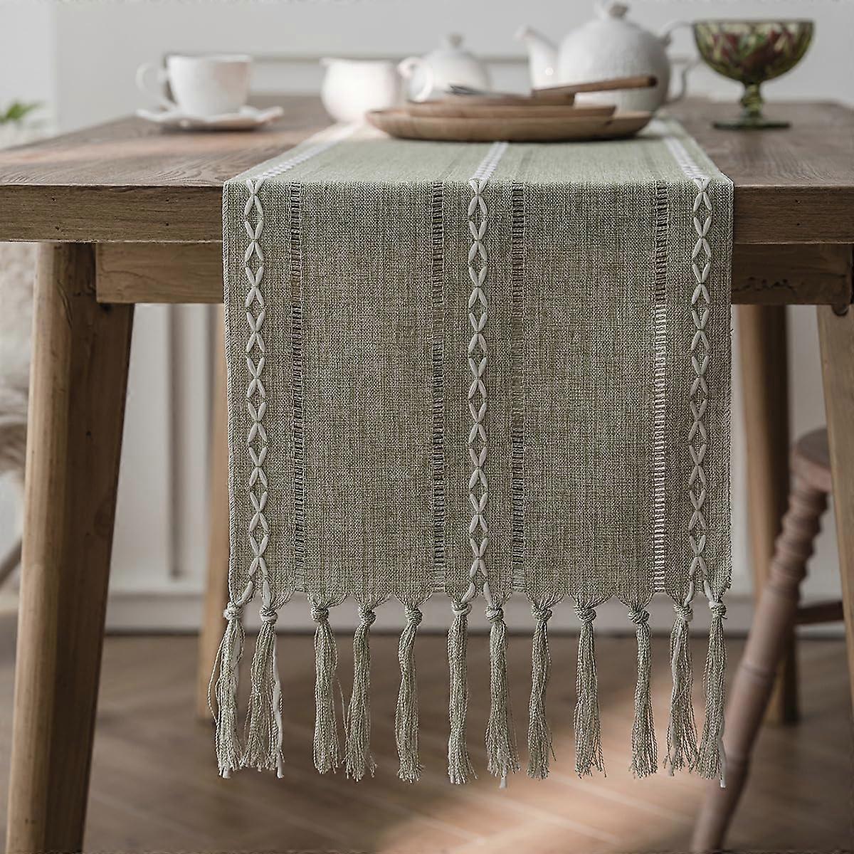 Geometric Patterned Table Runner with Tassels ,Rustic Table Runners 72 Inches Long for Dresser Home Dining Table Decor (Sage Green, 12x72'')