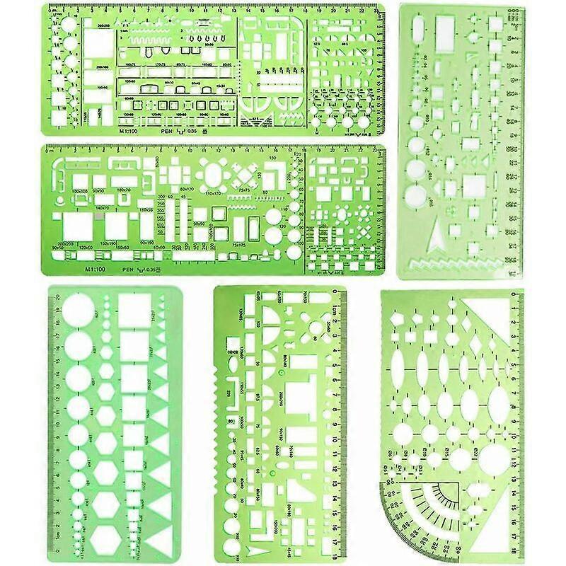 6 Pieces Plastic Measuring Templates Formwork Stencils Drawing Rulers for Office and School, Light Green