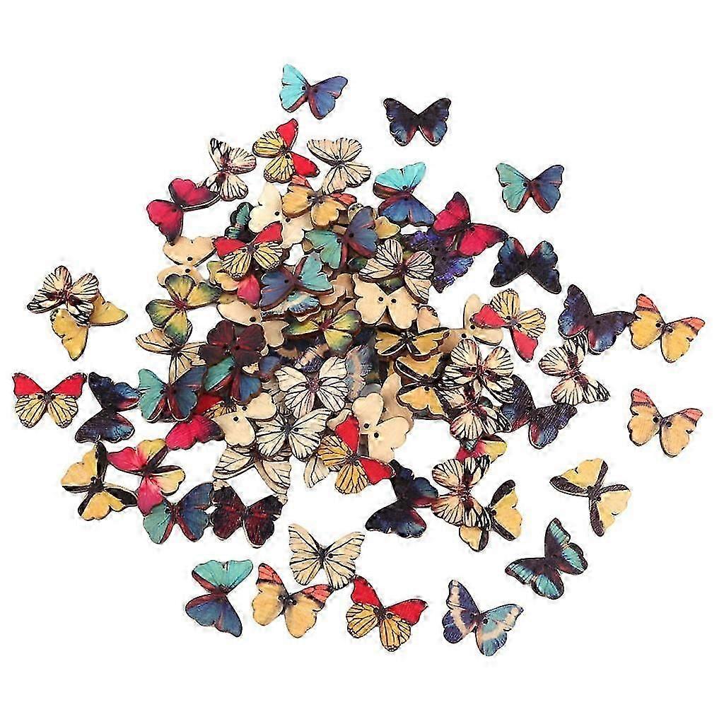 100 ASSORTED COLORS BUTTERFLY SHAPED WOODEN BUTTONS FLATBACK 2 HOLES 28x21mm