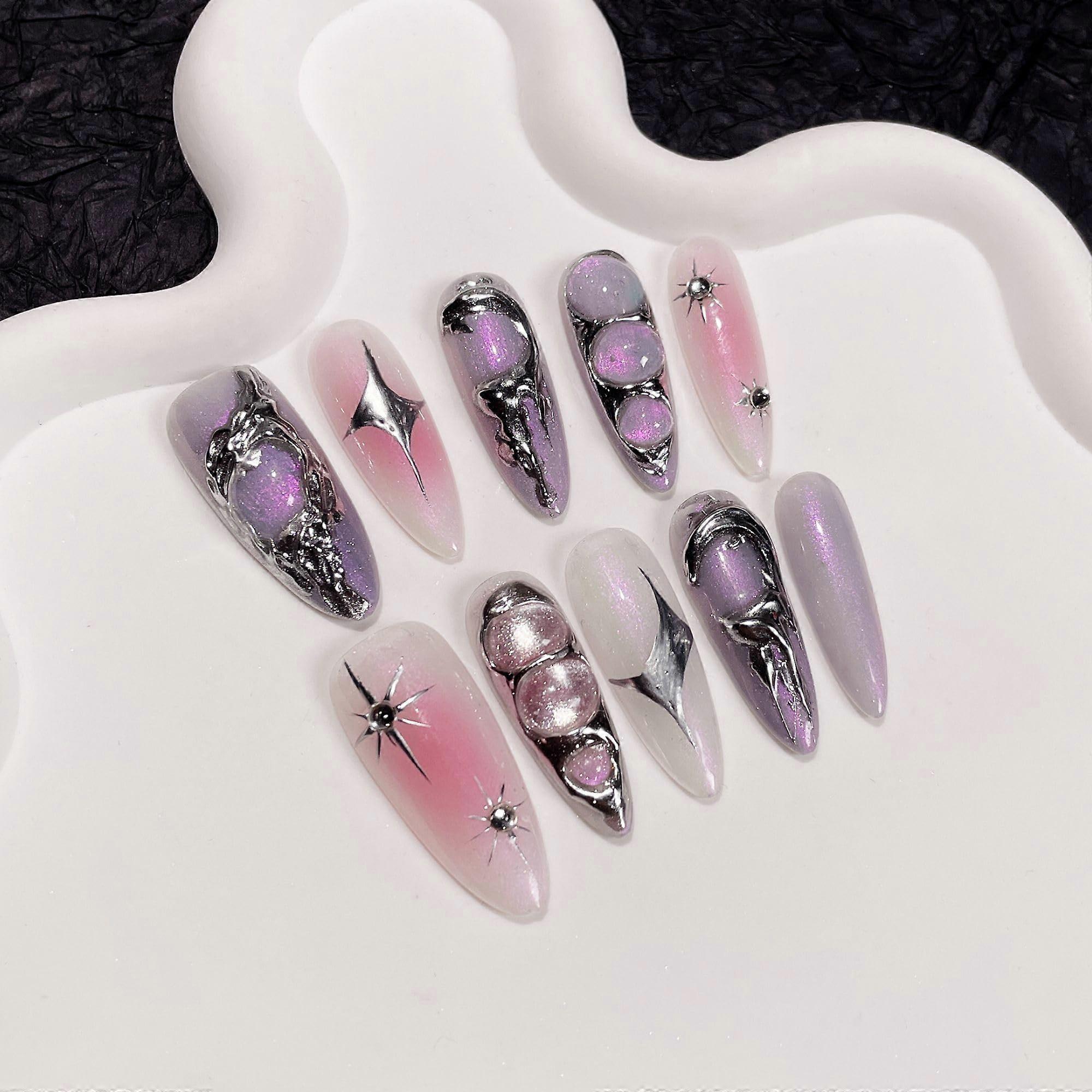 Wsliana Handmade Press On Nails Long Almond Shape with 3D Charms, 10pcs Y2K Design, Model 074 M