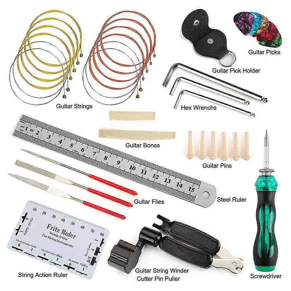 Electric Guitar Bass Care Repairing Tool Set Luthier Setup Maintenance Kit Including 2 Set of Strings 1 String Action Ruler 1 Guitar String Winder 1