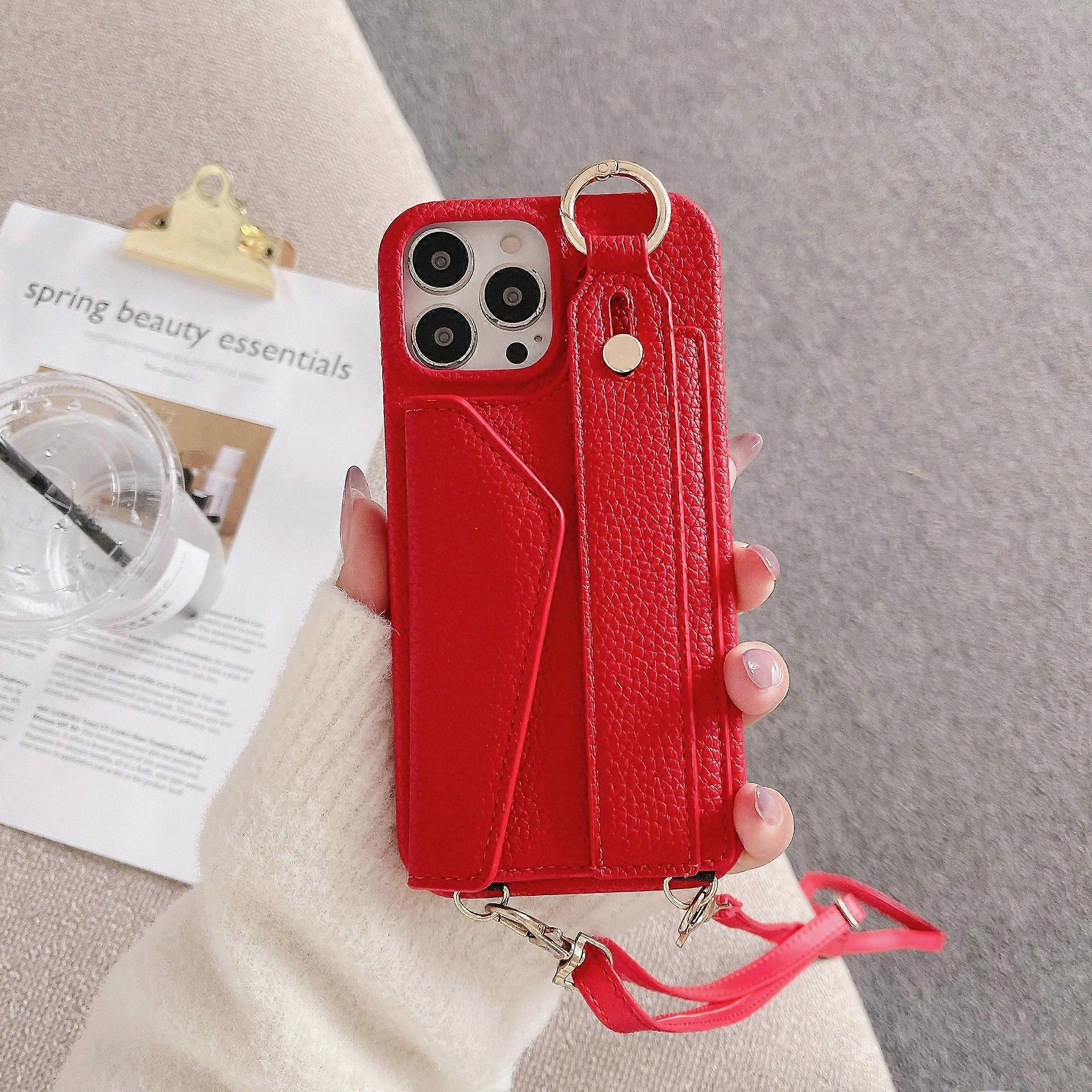 Case For Iphone 14 Pro Max Red Wristband Protection Litchi Pattern Crossbody Card Holder
