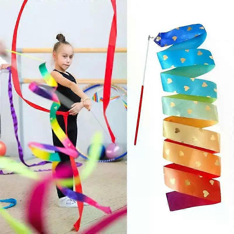 2M סרטי ריקוד צבעוניים דפוס לב התעמלות קצבית סרט בלט סטרימר מסתובב מוט מקל ילדיםאביזרי התעמלות
