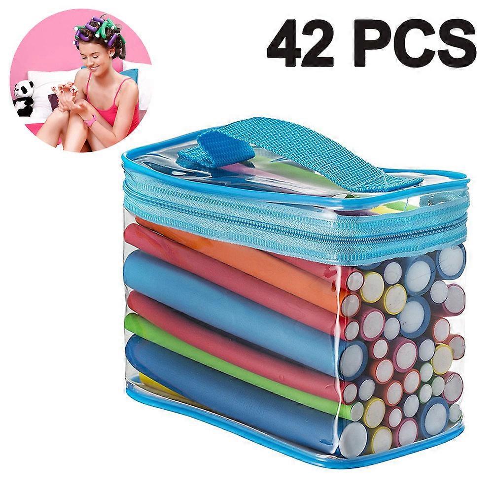42 Pack Rods 7 Sizes Flexible Curl Sponge Hair Roller Set Hair Foam Curler Hot Roller Set(Random Color)-blue