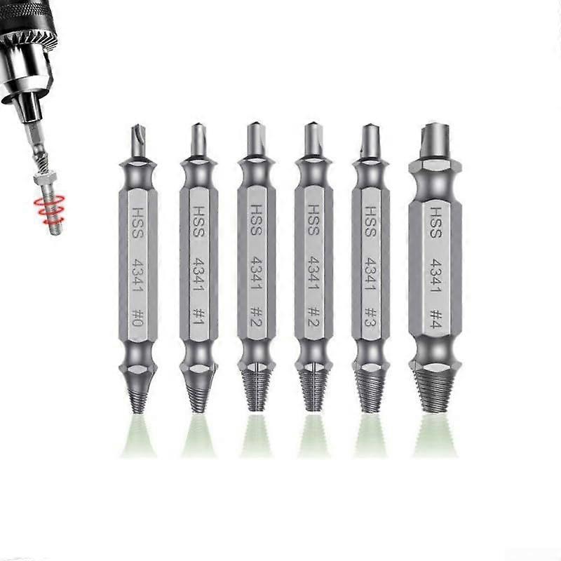 Screw extractor set for damaged screws, 6 highspeed steel tools for removing stubborn screws and bolts, for home repairs.