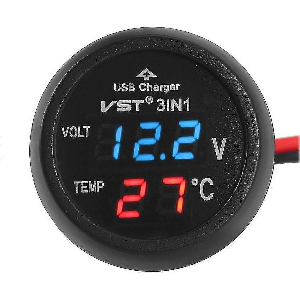New 12V/24V Digital Meter Monitor 3 in 1 LED USB Car Charger Voltmeter Thermometer Battery Monitor LCD Dual Display