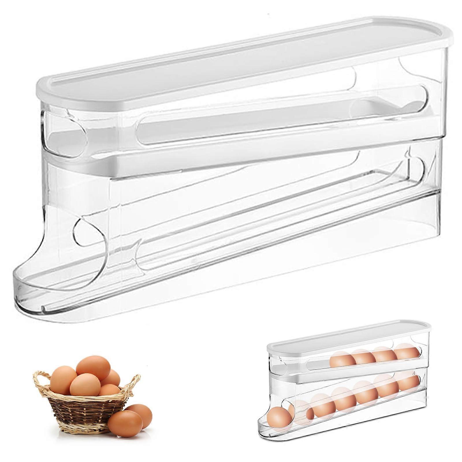 Egg Holder for Refrigerator, 2-Tier Rolling Egg Dispenser, Reusable Plastic Storage for 12 Large Eggs, Space-Saving Design