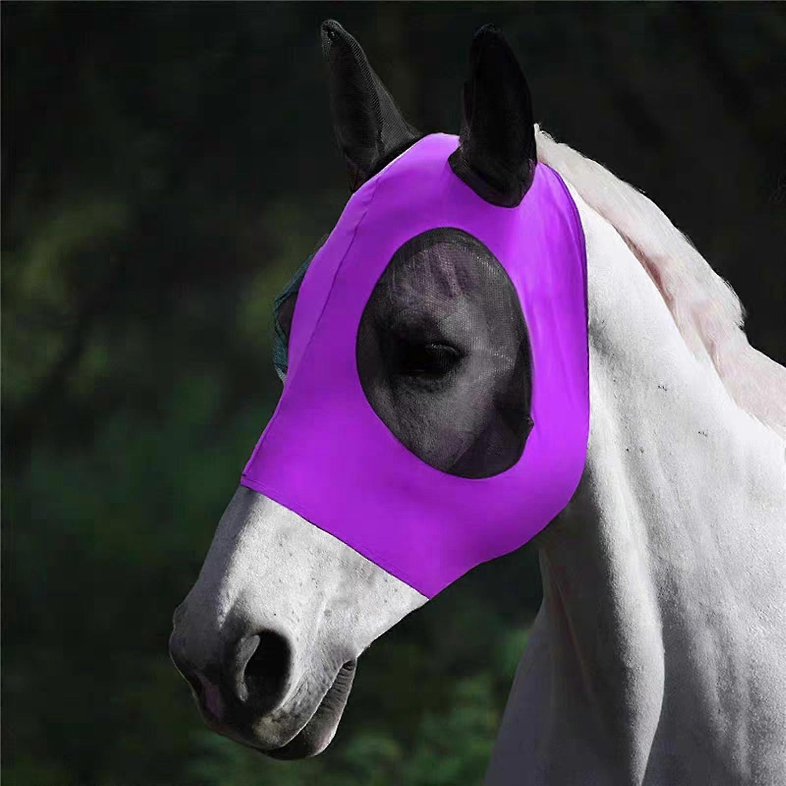 Fly Mask Horse UV Protection Warmblood, Breathable Fine Net with Ear Protection, Elastic Anti-Mosquito Mask, Purple